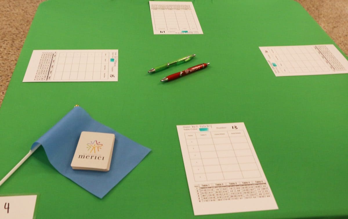 Score sheets, pens and a Merici card box on a green table